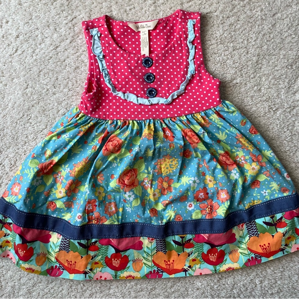 Matilda Jane pink, blue, green polka dot and floral dress with blue ribbon trim